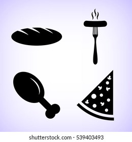 food - vector icon; set - chicken leg; Pizza;  Sausage; bread
