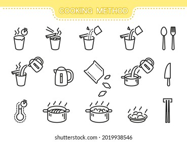 Nahrungsvektorsymbol eingestellt. Cooking-Methodenreihe: Kochnudeln, Kochtouren, Schlamm, Saucepan, kochendes Wasser, Wasserkocher, Temperatur, Besteck, Löffel, Gabel, Stäbchen, Messer, Additionszutaten