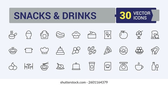 Food vector icon set. Included cook, fast, drink, beverage, vegetable. Minimalist icons pack. Beverage vector line icon set. Editable vector illustration.