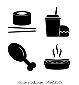 food - vector icon, set - leg, hot dog, chicken leg, sushi