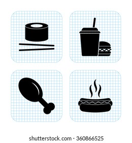 food - vector icon; set - leg; hot dog;  chicken leg; sushi