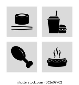 food - vector icon; set - leg; hot dog; chicken  leg; sushi