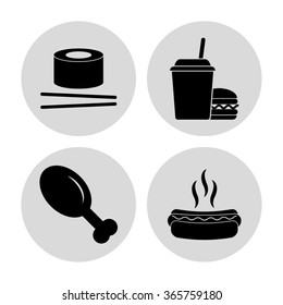 food - vector icon; set - leg; hot dog;  chicken leg; sushi