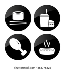food - vector icon; set - leg; hot dog;  chicken leg; sushi