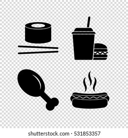 food - vector icon; set - leg; hot dog ; chicken leg; sushi