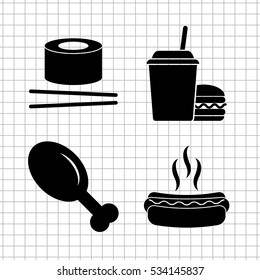 food - vector icon; set - leg; hot dog; chicken  leg; sushi