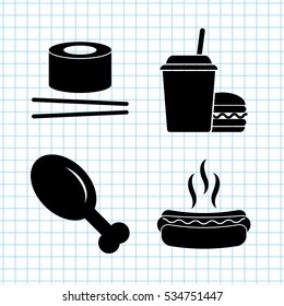 food - vector icon; set - leg; hot dog ; chicken leg; sushi