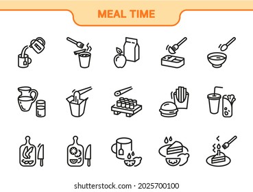 Food vector icon set. Meal time line collection: tea, noodles, apple, food container, soup, juice, water, sushi, rolls, fast food, french fries, burger, soda, shawarma, avocado, lemon, pie, cake.