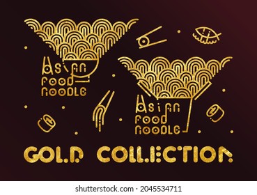 Food vector icon set. Noodle gold line collection on dark background logo. Noodles in a plate, in a box, eating with a fork or chopsticks illustration.