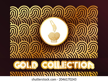 Food vector icon set. Noodle gold line collection on dark background logo. Noodles in a plate, eating with a fork or chopsticks illustration.