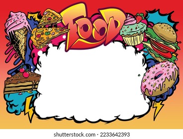 Juego de iconos del vector de alimentos. Pizza, helado, hamburguesa, donut, pastel, quequito con letras de graffiti callejero, etiquetas, palabras, arte callejero, estilo, pintura con aerosol, emoticonos, fresco y colorido