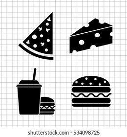 food - vector icon; set -  Pizza;  cheese; burger