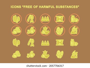 Food vector icon set. Qualities of  production. Free harmful substances. Fresh and natural products. Hand drawn colorful vector. Gluten free, starch, sugar, additives, caffeine, colors, lactose