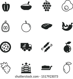 food vector icon set such as: truck, bowl, bbq, decoration, round, morning, rice, drawn, outline, goods, vacation, protein, smell, medlar, marinated, menu, shish, egg, transport company, plum, room