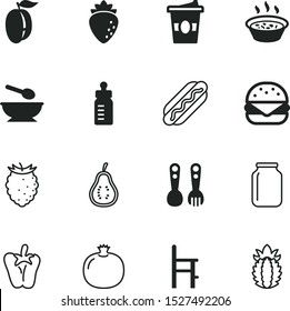 food vector icon set such as: silhouette, silverware, kitchen accessories, childhood, pineapple, storage, cheeseburger, plums, capsicum, can, life, Children's spoons, honey, disposable, dish, pan