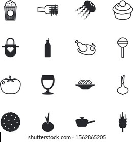 food vector icon set such as: candy, entertainment, childhood, movie, apron, round, pocket, happy, chicken, cheese, character, plate, pop, circle, cup, grill, meat, box, work, corkscrew, vine