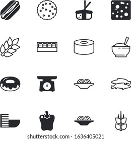 food vector icon set such as: sushi, airplane, biscuits, dairy, bun, spice, animal, balance, card, types, character, empty, salad, weigh, instrument, parmesan, water, soup, corn, peppers, milk