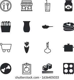 food vector icon set such as: coffee, dishware, cold, architecture, pharmacy, radish, painted, strong, fork, box, bottle, jam, fit, city, table, electric, seaweed, bones, flatware, silverware, cake