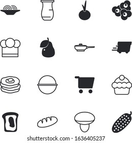 food vector icon set such as: sauce, freshness, wear, butter, grocery, confectionery, camping, frying, pears, croissant, kitchenware, clothing, fruits, basket, baked, cheese, pottery, kitchener