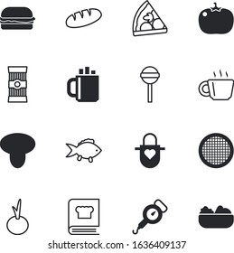 food vector icon set such as: recipe, mushroom, colander, meat, sweet, measurement, edible, stick, stroke, scales, card, burger, life, toast, leaf, clothes, loaf, american, types, chef, package