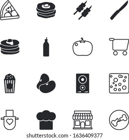 food vector icon set such as: pop, cakes, cinema, template, beans, delivery, roasted, electrical, knife, art, flour, raw, barbecue, instrument, roquefort, burner, ingredients, entertainment, bone