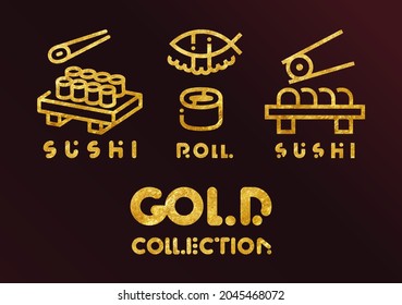 Juego de iconos del vector de alimentos. Colección de línea dorada de sushi con el logo de fondo oscuro.  Sushi, rollos, nigiri, ilustración de pistolas. Menú asiático. cocina japonesa, coreana y china.