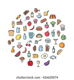 Food vector icons. Doodle food and drink illustrations. Eating healthy lifestyle icons. Fruit, vegetables, sweet desserts, junk food.