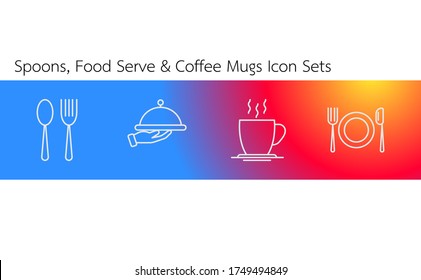 food vector icons, isolated spons serve food and coffee mugs illustration with blue &red gradient tape on white background, food line symbols and sign