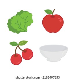 Food vector icons on white background. Apple, cherry, plate