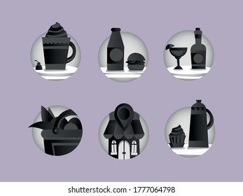 food vector icons set. Cooking accessories, simple kitchen, Restaurant, cafe Food and drinks.