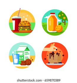 Food vector icons set. Homemade american pancakes, orange tree and fresh orange juice, cheeseburger, hamburger and soda, milk and a homemade chocolate cookies. Vector illustration in flat style.