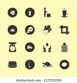 food vector icons set. with kitchen scale, room service, books and apple and grape in set