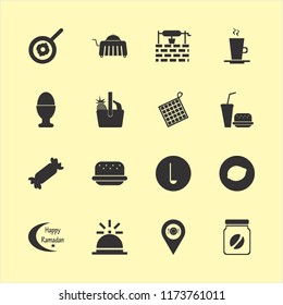 food vector icons set. with latte cup, coffee jar, burger and bell in set