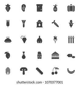 Food vector icons set, modern solid symbol collection, filled style pictogram pack. Signs, logo illustration. Set includes icons as strawberry fruit, meat steak, toast bread, pineapple fruit, wheat
