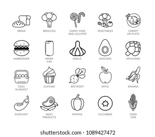 Food vector icons set. Twenty two line illustrations