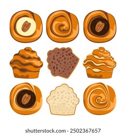 Ilustración vectorial de alimentos. Panadería, cereales, Cruffins, pasteles, pan hecho a mano, cocina, productos dulces, menú de alimentos. Vacío aislado sobre fondo blanco. Para carteles, carteles, tarjetas y anuncios