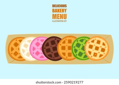 Food vector illustration. Bakery. Crispy waffles, handmade bread. Cooking. Sweet products. Sweet products. Food menu. Blank isolated on white background. For posters, signs, cards, and advertisements