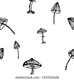 Food vector illustration. Black and white fantasy poisonous mushrooms. Contour style. For print, design, back surface, textile, packaging, canvas. Hand drawn vector illustration. Seamless pattern/