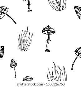 Food vector illustration. Black and white fantasy poisonous mushrooms. Contour style. For print, design, back surface, textile, packaging, canvas. Hand drawn vector illustration. Seamless pattern/