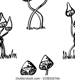 Food vector illustration. Black and white fantasy poisonous mushrooms. Contour style. For print, design, back surface, textile, packaging, canvas. Hand drawn vector illustration. Seamless pattern/