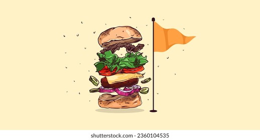 food - vector illustration of a burger, floating burger concept. delicious food design, flying burger