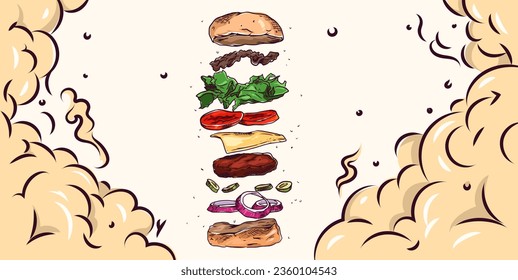 Essen - Vektorgrafik eines Burger, schwimmenden Burgerkonzepts. leckeres Lebensmitteldesign, fliegender Burger