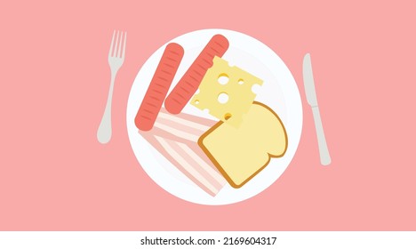 Food Vector illustration with cheese, sausages, bacon, bread, plate, fork and knife