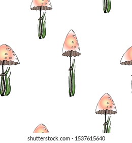 Food vector illustration. Fantasy poisonous mushrooms. Contour style. For print, design, back surface, textile, packaging, canvas. Hand drawn vector illustration. Seamless color pattern.