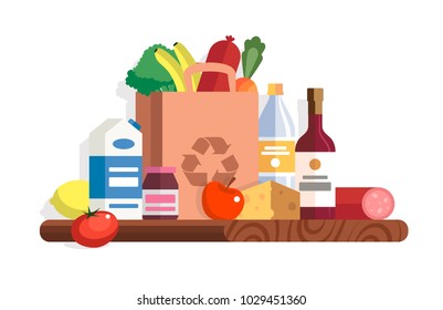 Food vector illustration in flat style. Different food and beverage products - market basket, commodity bundle, grocery shopping. Milk, wine, water, fruits, vegetables, ham, cheese, jam