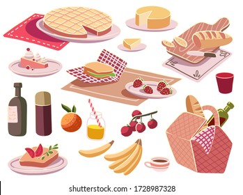 Food vector illustration. Flat style. Wine, tea, coffee, orange, bananas, juice, bread, knife, sandwich, cheese, plate, pie, strawberry, glass, cup. Stuff for picnic. Home made food. 