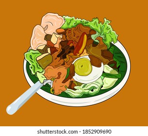 The food vector illustration Gado-gado is a typical Indonesian food consisting of various boiled vegetables then mixed with peanut sauce.