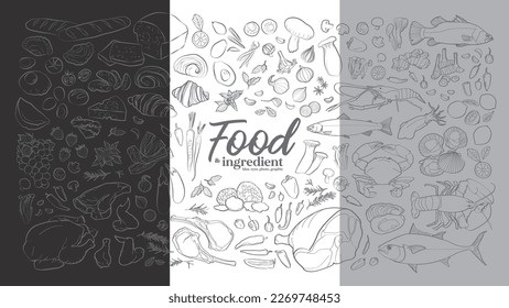 Ilustración del vector de alimentación. Plantilla de diseño de menú. Muro Gráfico. Junta negra. Dibujo manual. Esbozo. Concrear. Fondo de escritorio.