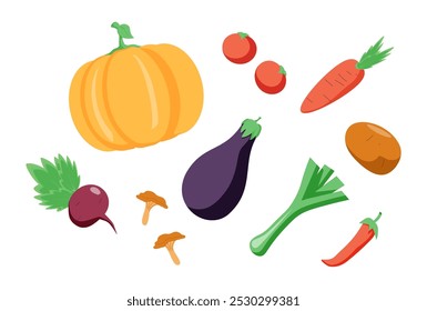 Comida. Ilustración vectorial: calabaza, romero, manzana, canasta, tetera, piña, brócoli, limón, aguacate, plato, sandía, remolacha, fresa, granada, remolacha, taza, pasta