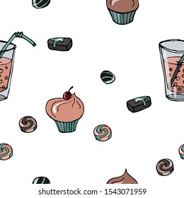 Food vector illustration. Sweets, dessert, muffins, pastries. For print, design, back surface, textile, packaging, canvas. Colored hand drawn vector illustration. Seamless color patterns.
